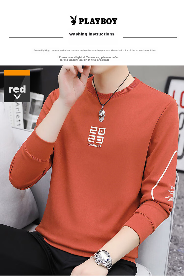PLAYBOY Sweatshirt, Men's Spring Jacket, Trendy Round Neck Long-Sleeve T-Shirt, Casual Loose Top for Me 12