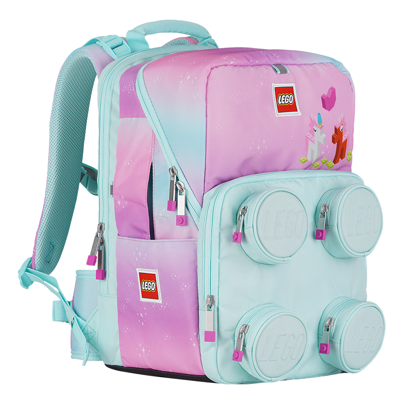 LEGO Backpack for Elementary School Students Grades 1-5, Adjustable Shoulder Bag with Double Compartments, Foldable, Pink Unicorn Design, Model 20209