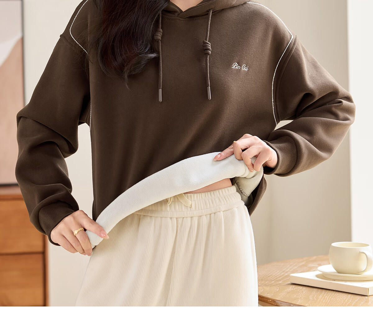 PinCai Fleece-Lined Sweatshirt for Women, Loose Drawstring Hoodie, Autumn And Winter Fleece-Lined Thickened Solid Color Jacket P144W2001 25