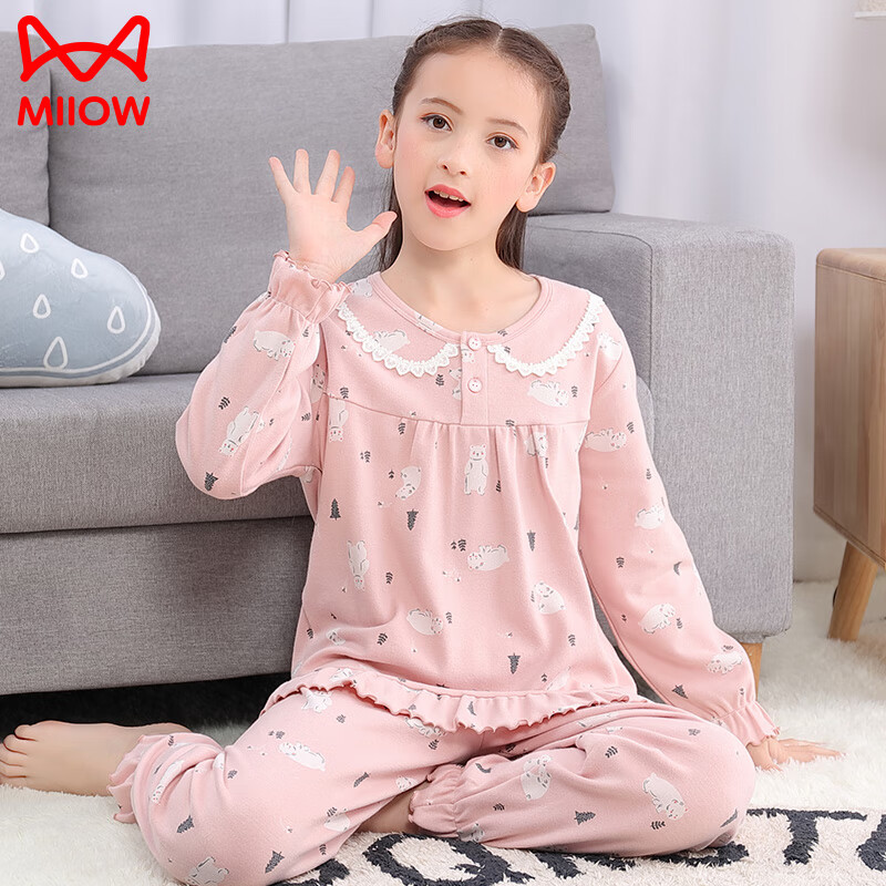 MiiOW Children's Pajamas, Girls' Spring And Autumn Style, Pure Cotton, Kids Long-Sleeve, for Older Children, Home Wear Set, Sweet Girl Design, Size 120