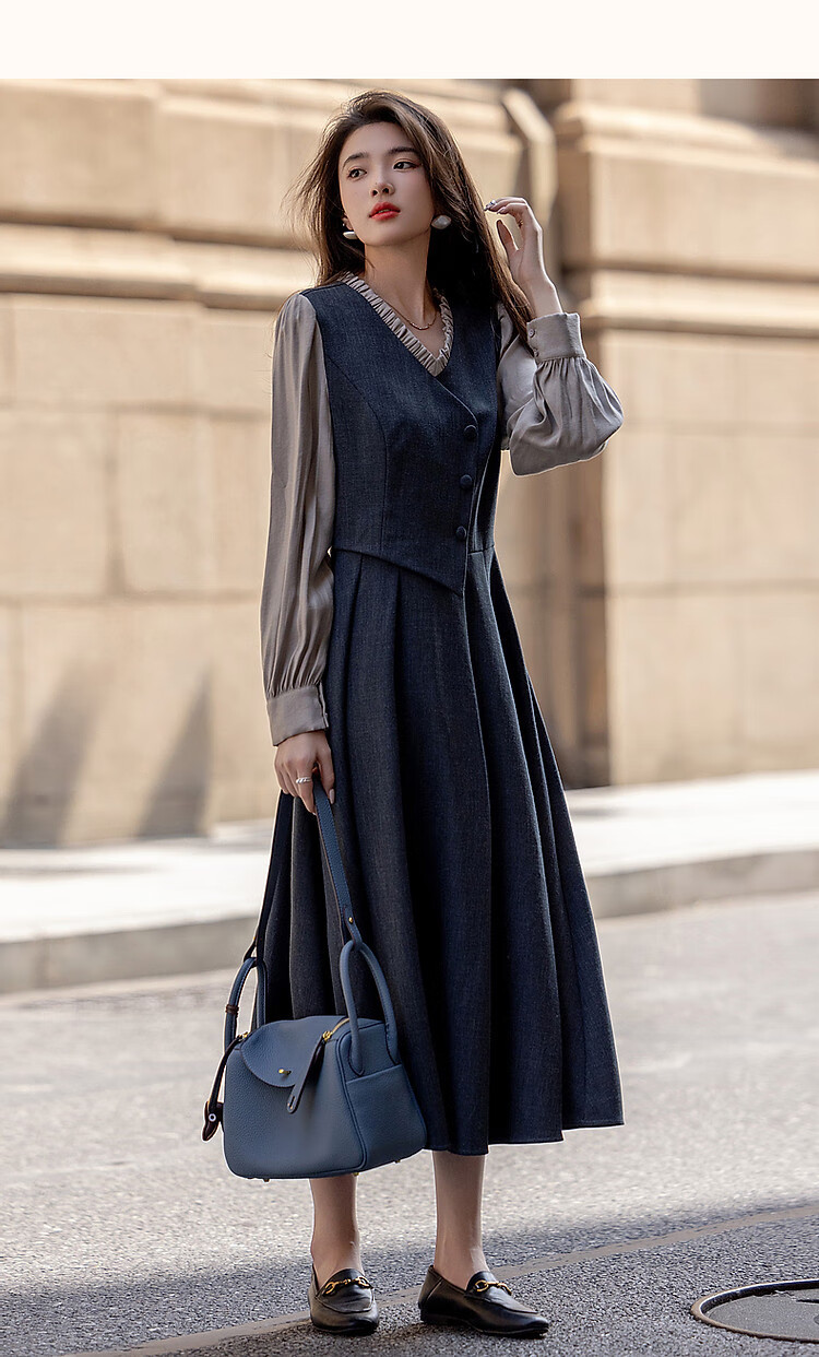Dme [Ambiance Expert] Spring And Autumn Vintage Faux Two-Piece Ruffle V-Neck Puff Sleeve Waist-Cinching Pleated Women's Dress 11