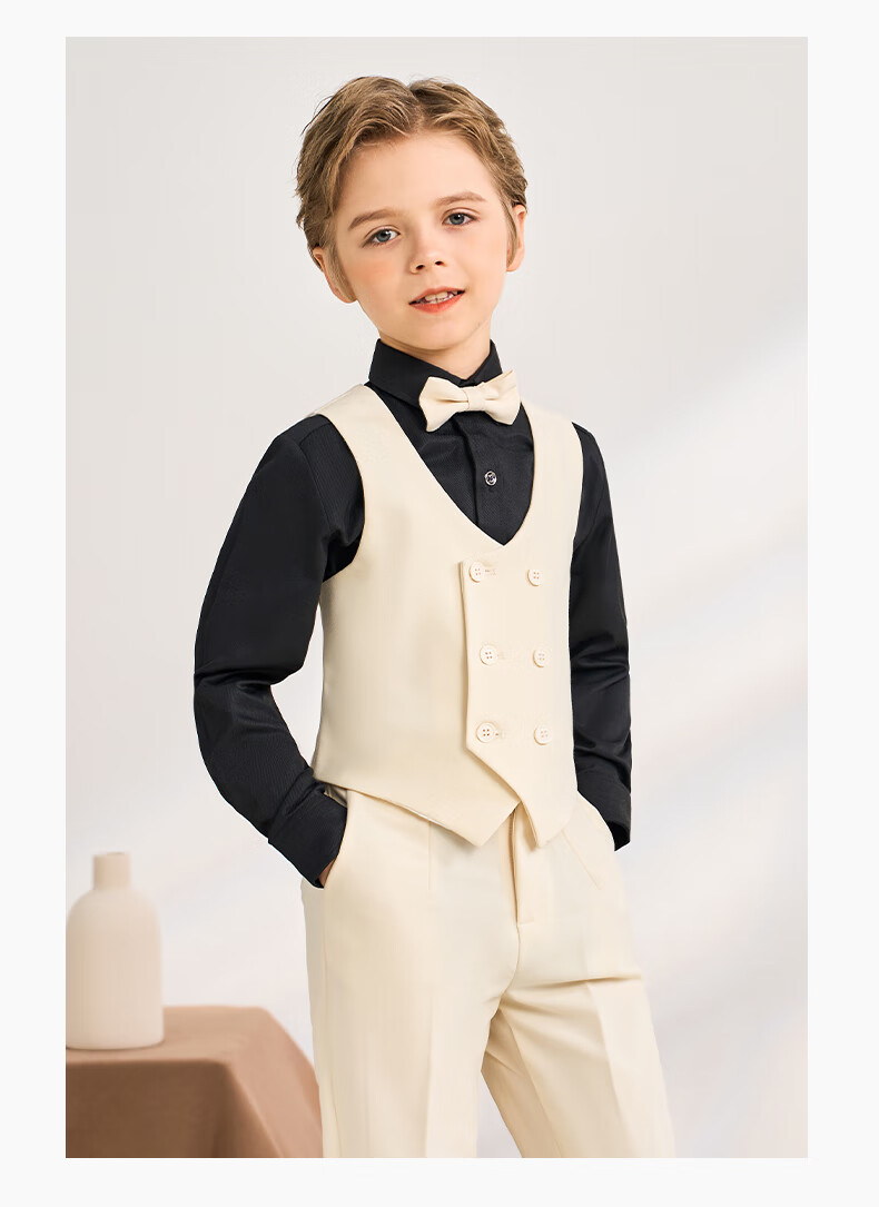 Luomeng Boys' Suit Set, Baby's First Birthday Formal Wear, Children's Wedding Flower Boy Outfit, Beige Vest Set, Size 80 13