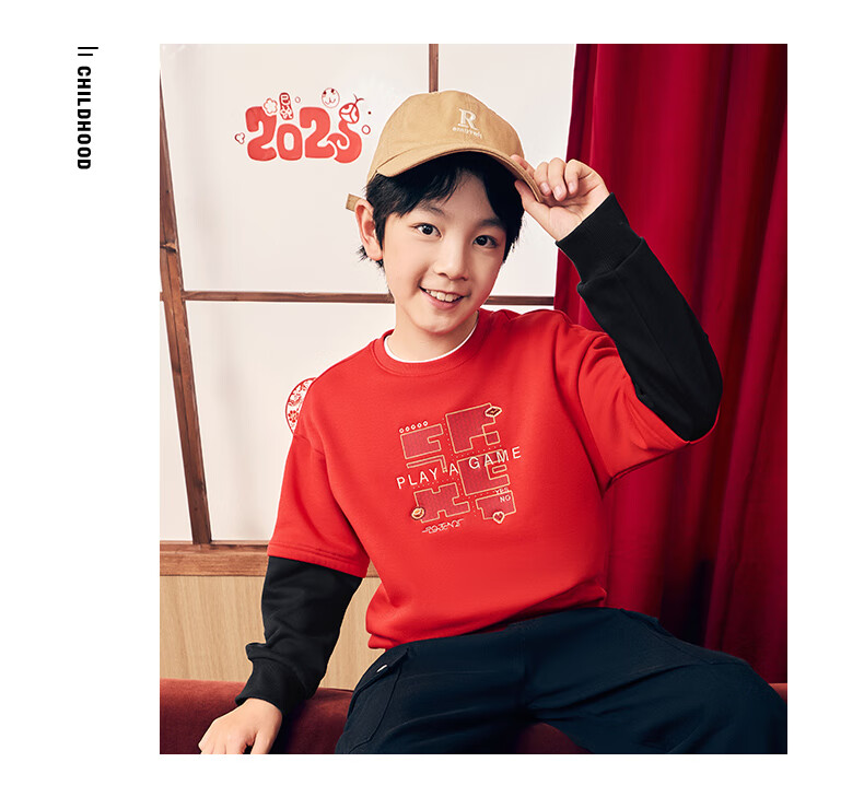 ERKE Kids Thickened Sweatshirt Boys and Girls Children's Round Neck Casual Top Oriental Red 150 10