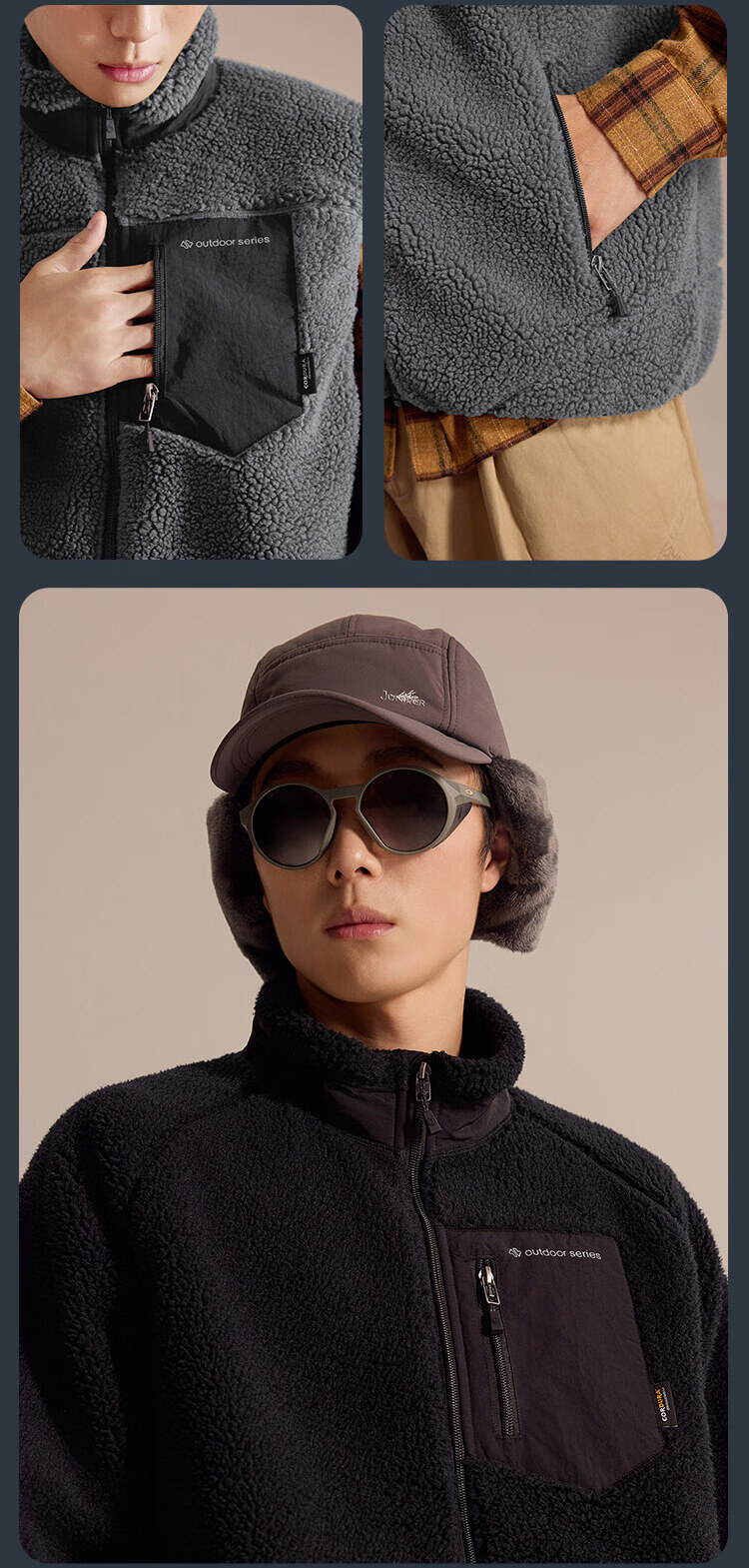JD Original Fleece Jacket for Men, Inner Liner for Windbreaker, Lambswool Stand Collar Warm Men's Coat, Smoke Gray, XXL 18