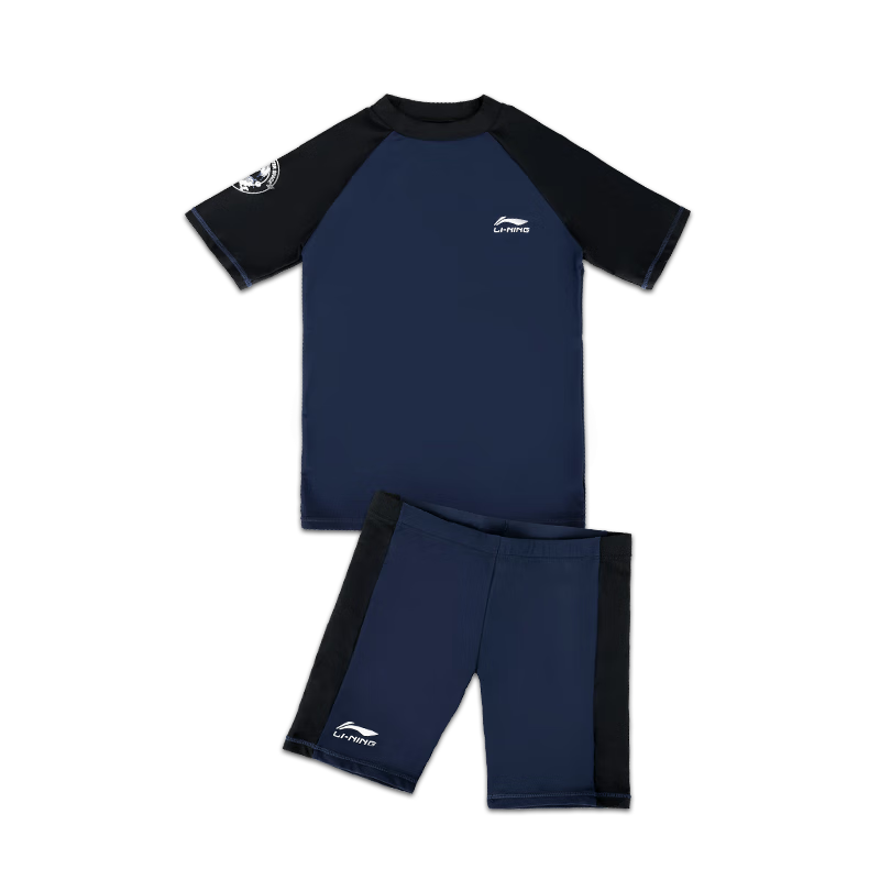 Li-Ning Children's Swimwear, Boys' Two-Piece Swimsuit, Swimming Trunks LSYT383, Black And Blue Two-Piece, Size 160