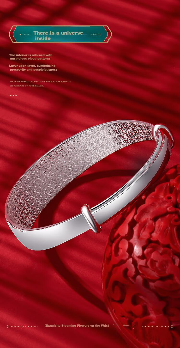 Yunjinli Silver Bracelet for Mom 999 Pure Silver Wide Ethnic Style Embroidered Splendid Years Push-Pull Silver Bangle Birthday Gift for Elders 10