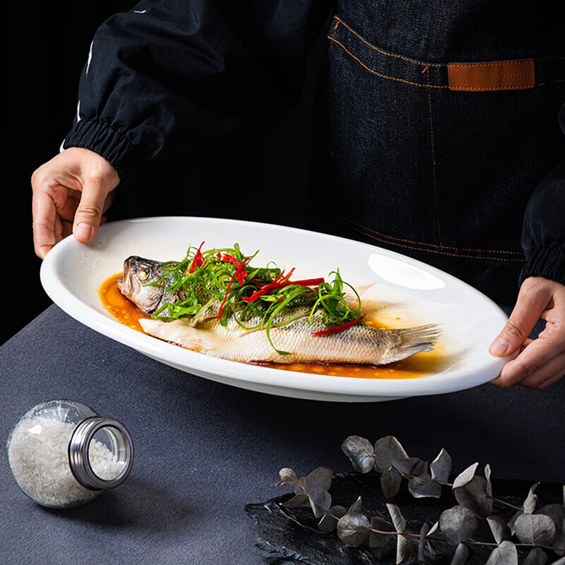 BJ Ceramic Fish Plate, Steamed Fish Plate, White Porcelain Plate, 12-Inch Pure White Western-Style Plate, Dumpling Plate, for Hotel And Home Use