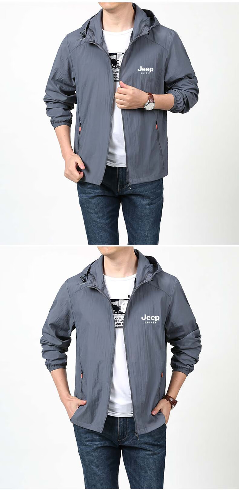 JEEP SPIRIT Men's Sun Protection Hoodie, Summer Outdoor Sports Skin Coat, Casual Jacket, Fishing Wear, Light Gray, 4XL 9