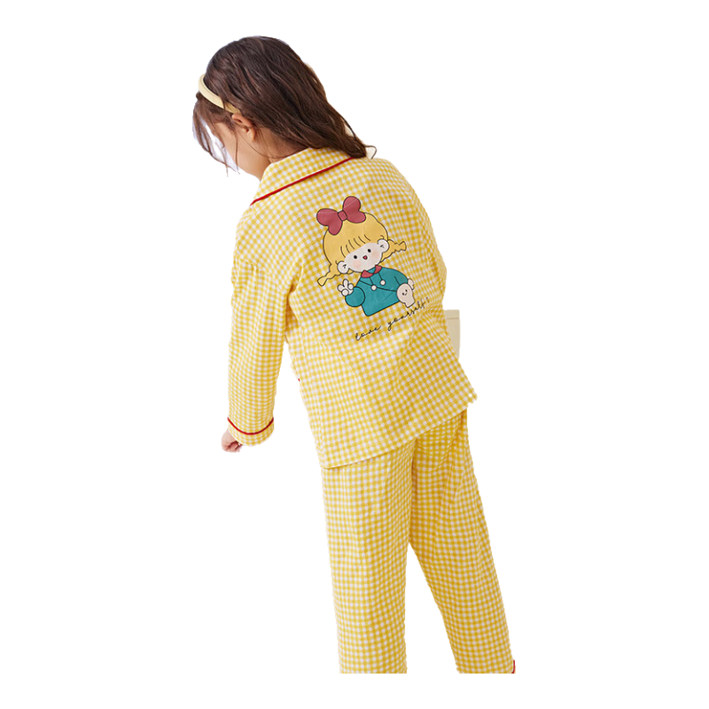 Dingguagua Children's Pajamas for Girls, Spring And Autumn, Pure Cotton Long-Sleeve, for Older Girls And Toddlers, Cardigan Style, Girls' Loungewear, Yellow, Size 140