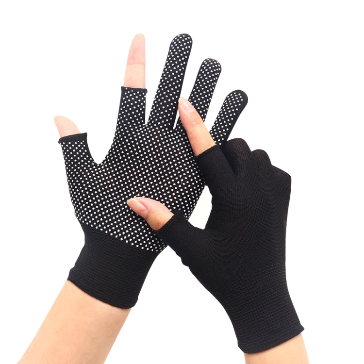 Qutong Precision Dispensing Two-Finger Labor Protection Gloves 10 Pairs 13-Gauge Nylon PVC Dot Anti-Slip Wear-Resistant Summer Sun Protection One Size Black for Delivery Sorting Packing Work Cycling F