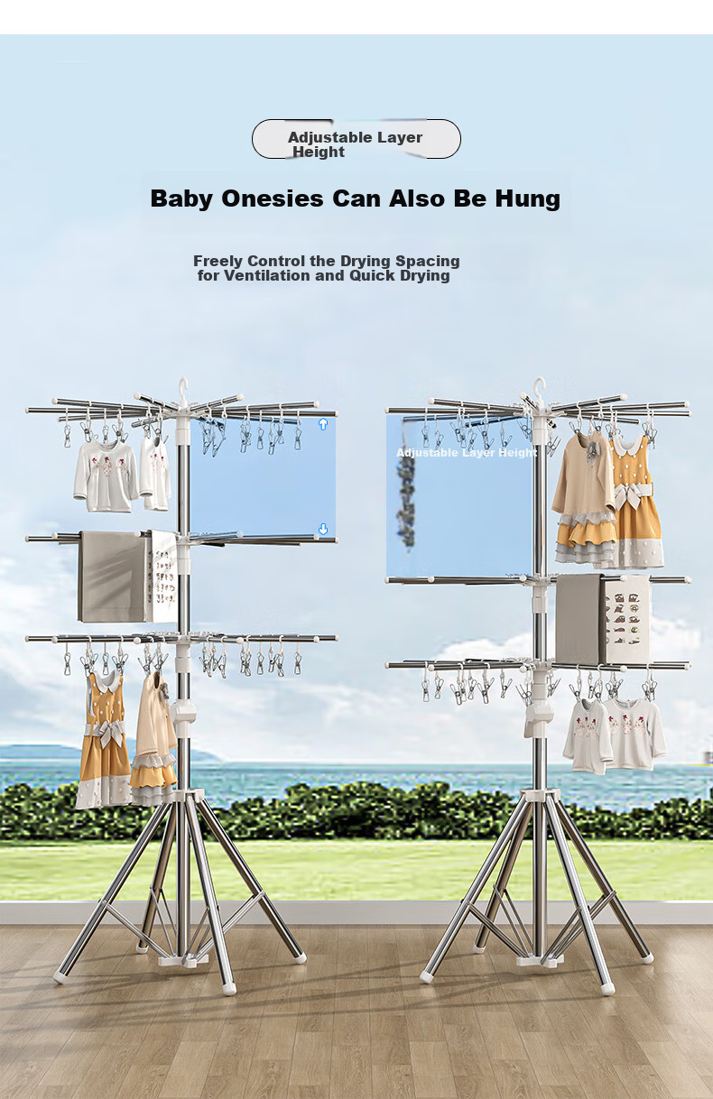 Baoyouni Baby Clothes Drying Rack, Floor-Standing, Stainless Steel, Multifunctional, Foldable, Towel Rack, Diaper And Drool Cloth Hanger 6