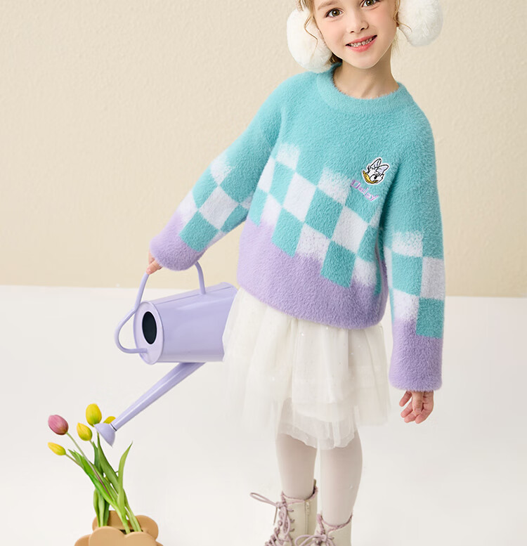 DISNEY Children's Clothing, Girls' Round Neck Sweater, Fashionable Gradient Mesh Warm Top, Winter 2023, DB341HE09, Pink, Size 120 25