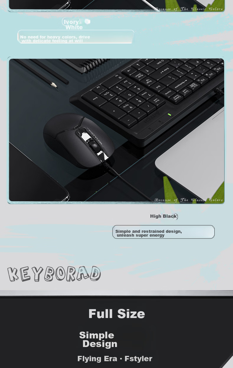 A4TECH F1512, 103-Key Wired Keyboard And Mouse Set, Wired Keyboard And Mouse Combo for Computer, Thin Film Keyboard with Good Typing Experience, Fei Shidai, Ivory White, Wired 5