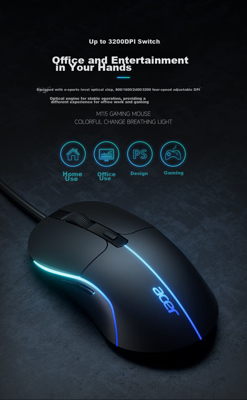 Acer Wired Mouse Gaming Mouse Macro Mouse USB Silent Mouse for Desktop And Laptop Computers Universal E-Sports Office Mouse 7200DPI Newly Upgraded OMW327 6