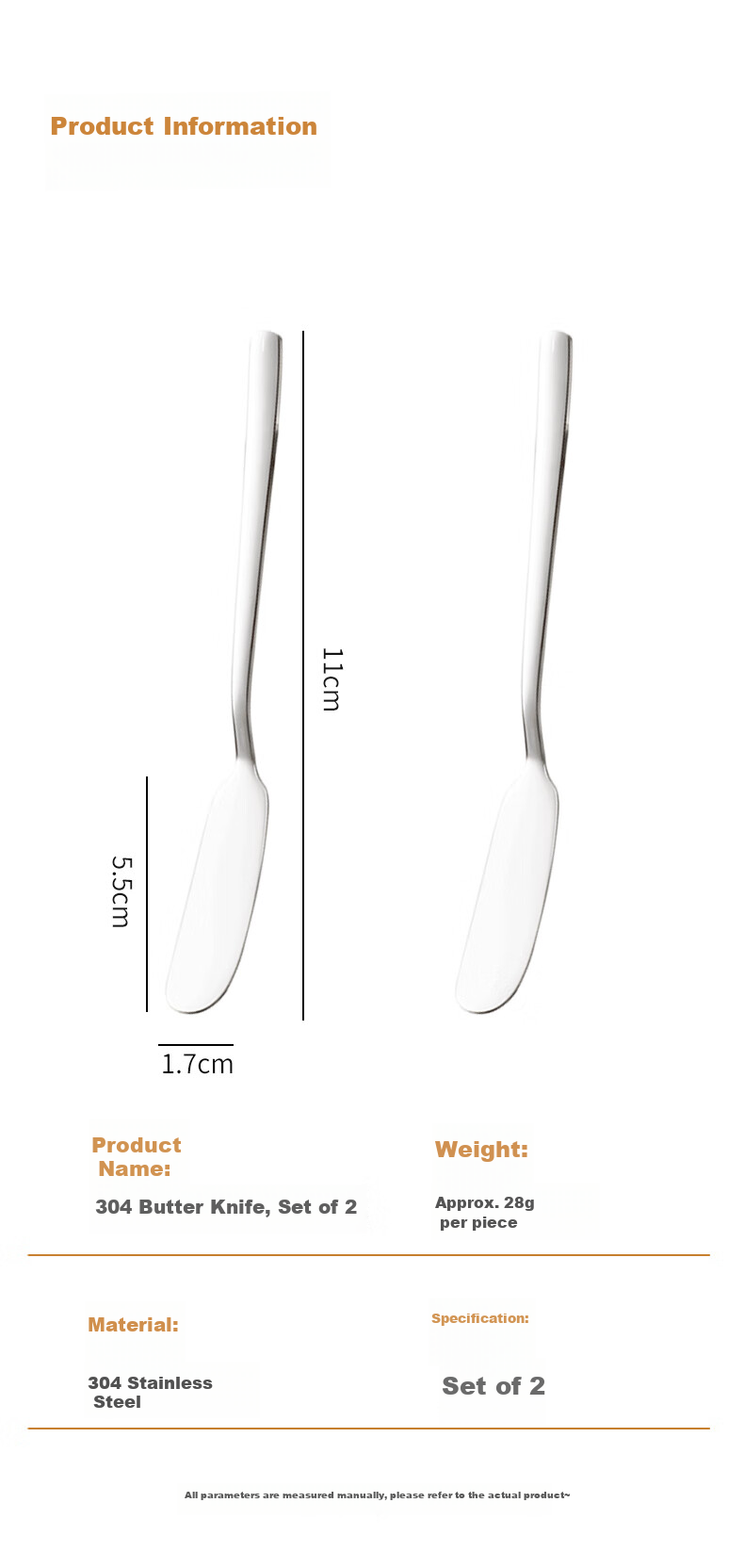 CAIZHI 304 Stainless Steel Butter Knife, Cheese Knife, Cheese Grater, Jam Knife, Set of 2, CZ6659 12