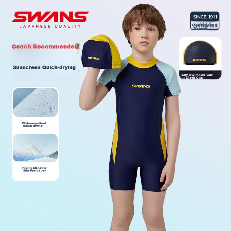 SWANS Children's Swimsuit, Boys' One-Piece Square-Leg Swimwear, Surfing Suit for Older Kids And Toddlers, Swimming Trunks, Size 140