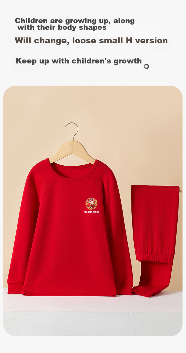 Classic Teddy Children's Pajamas, Zodiac Year Red Autumn Underwear Set for Boys And Girls, Pure Cotton Sleepwear, Home Wear, Cute, Size 140 9
