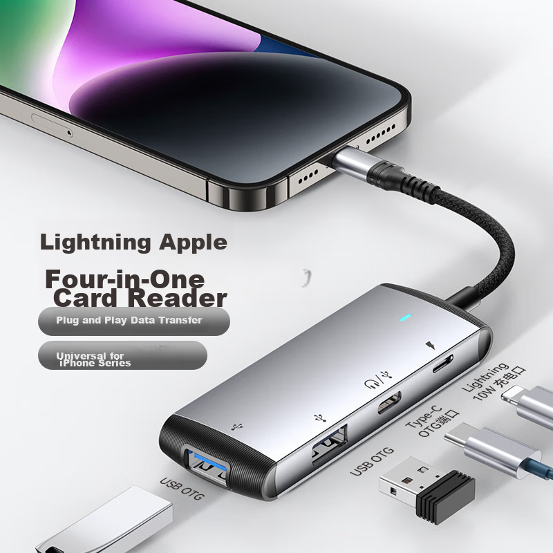 DOOSEYUON Apple Phone Adapter, Type-C Four-In Card Reader, OTG TF Card, High-Speed Transfer, Compatible with Apple Devices, IPad Mini, Handheld Game Fast Charging
