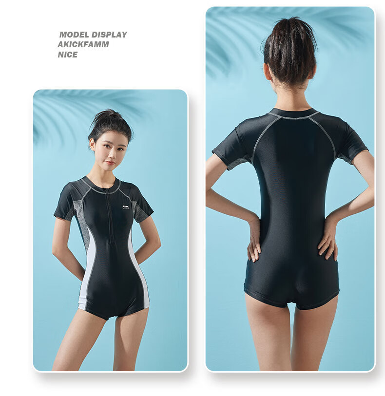 LI-NING Women's One-Piece Sports Square-Leg Swimsuit Conservative Slim Fit Comfortable High Elastic Training Swimwear 170 Black White XXL 12