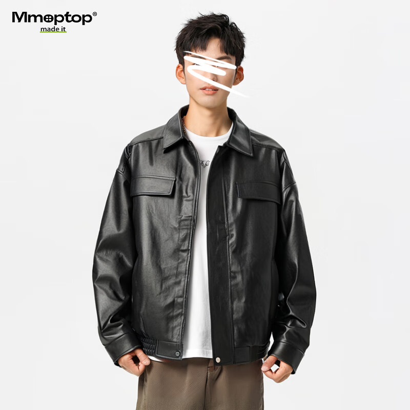 MMOPTOP Trendy American Crocodile Pattern PU Leather Jacket for Men, Spring And Autumn Style, Lapel Motorcycle Jacket YH26, Black, Size M