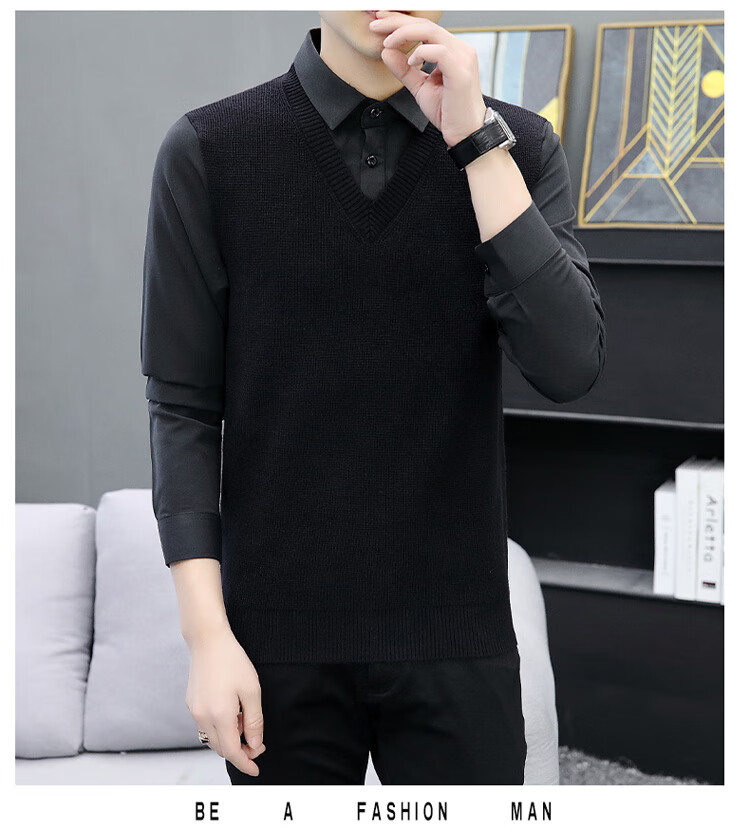 JEEP SPIRIT Men's Sweater Shirt Collar Autumn Winter Knitted Fake Two-Piece Casual Loose Trendy Jacket 5