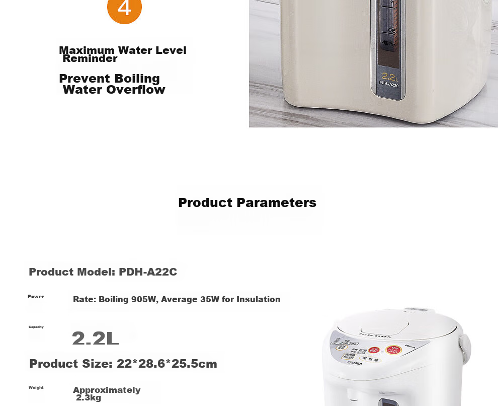 TIGER Electric Kettle, Smart Timer with 3 Temperature Settings, Anti-Drip Electric Kettle PDH-A22C 2.2L Electric Kettle Camel Color CU 28