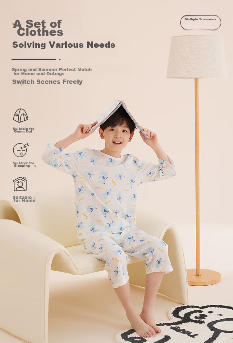 Hodo Children's Pajamas, Summer Thin Pure Cotton Class A Boys Girls Home Wear, Short Sleeve Set, Loose Fit 3231 150 5