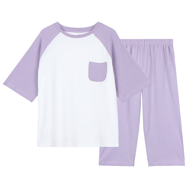 Hodo Children's Pajamas, Cotton Summer Thin Style, Boys And Girls Home Wear, Short-Sleeve T-Shirt, Cool And Sweat-Wicking Set, 3256 Grass Purple, Size 150