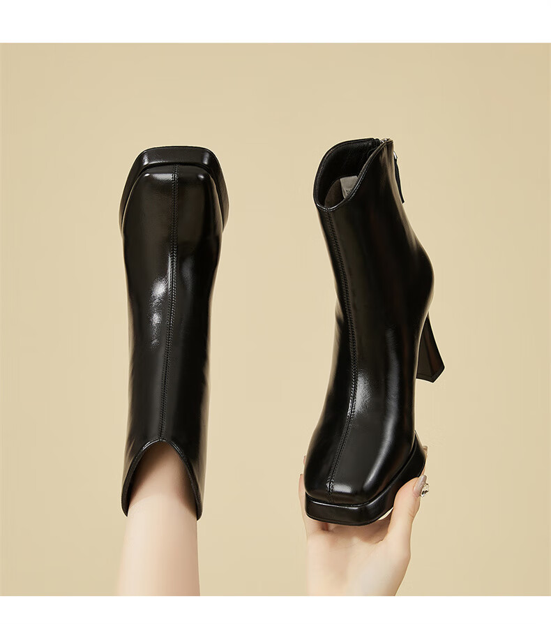 Daphne Fashion Chunky Heel High Heel Ankle Boots Women Winter Fleece Lined Fashion Boots French Style Slim Boots Black 37 4
