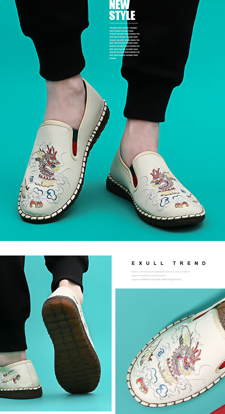 BUSHEYUAN Youth Chinese Style Retro Embroidered Dragon Pattern Slip-On Flat Casual Shoes Hanfu Old Beijing Cloth Shoes Men 211-9016 Black 39 12