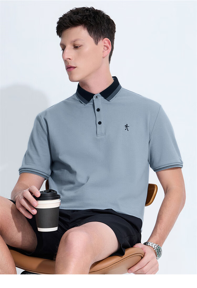 DANCING WOLVES [100% Pure Cotton] Summer Business Commute Breathable Men's Short-Sleeve Polo Shirt, 102 Navy Blue, Size 180 7