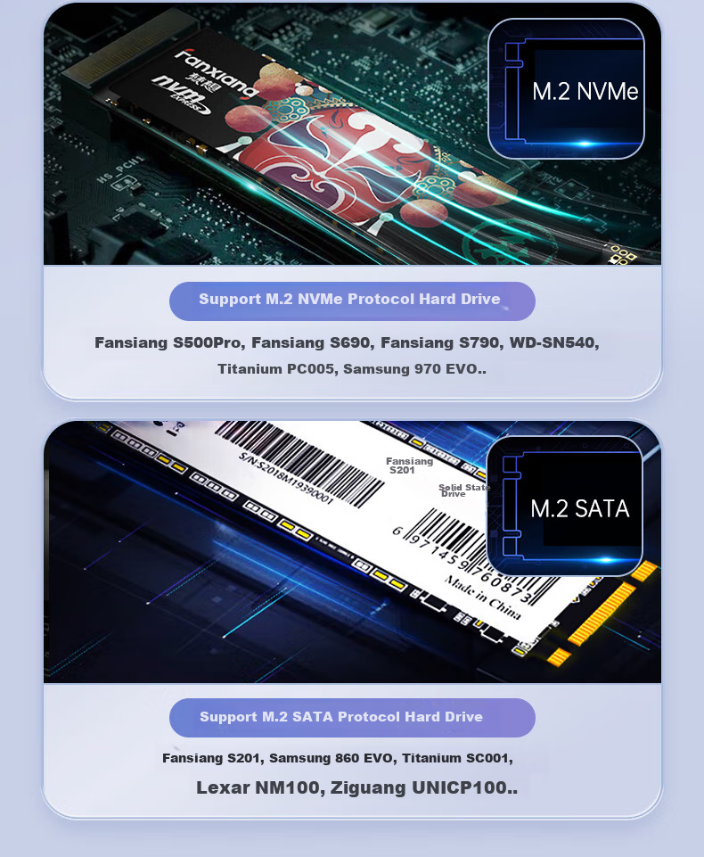 FANXIANG M.2 NVMe/SATA Dual-Protocol Portable Hard Drive Enclosure, Type-C/USB3.2 Dual Interface, SSD Laptop Direct Plug-In Hard Drive Enclosure MD80 5