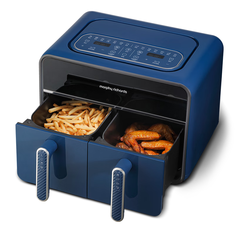 Morphyrichards Air Fryer for Home Use, Dual Compartment 8L Large Capacity, 14 Recipes, 720° Hot Circulation, Dual-Bowl Multi-Zone Multifunctional Air Fryer And Oven, MR8100 Blue