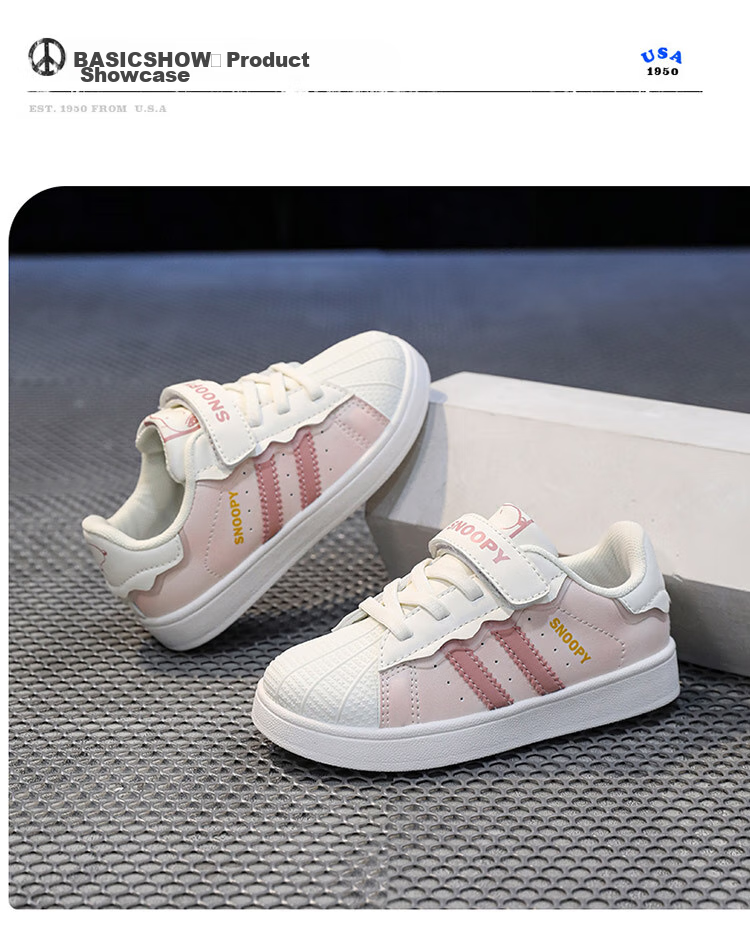 SNOOPY Children's Shoes, Kids' Sneakers for Boys And Girls, Autumn White Shoes, Fashionable Shell Toe Skateboard Shoes, 2008 Pink, Size 28 13