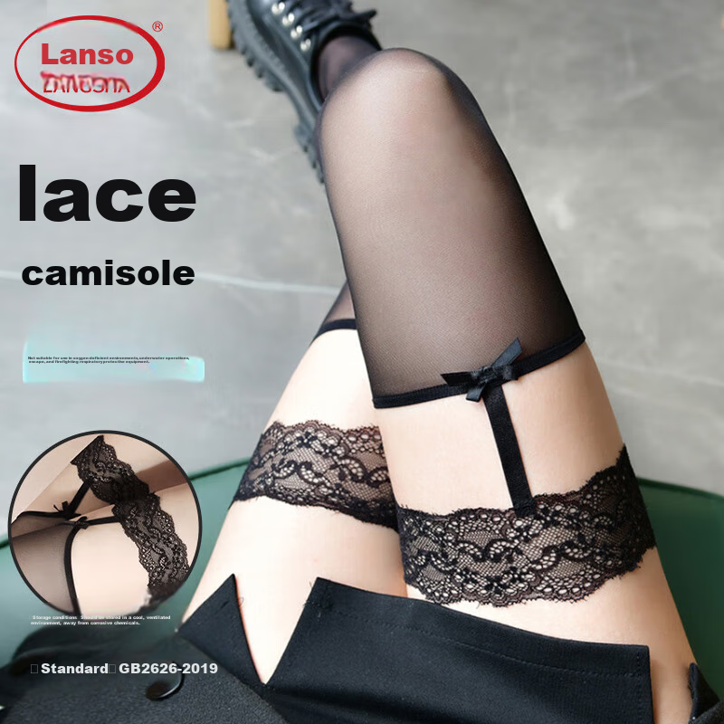 LangSha Red-Edged Black Fake Sling Over-Knee High Stockings, Sexy Internet Celebrity Lace Butterfly Bow Thigh-High Ultra-Thin Pantyhose for Wome