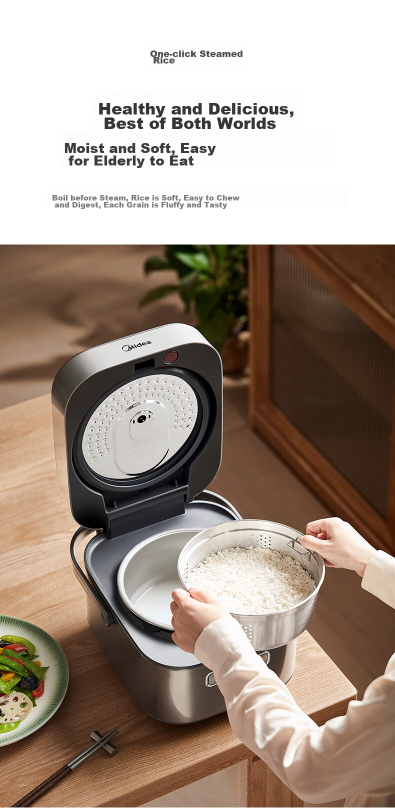 Midea Pure Titanium 0 Coating Low Sugar Rice Cooker, 3L Electric Rice Pot for Home Use, 2-3 People, Chiyang Charcoal Fire 1000W Electromagnetic IH Dual Heating Source, Titanium Pot Set 14