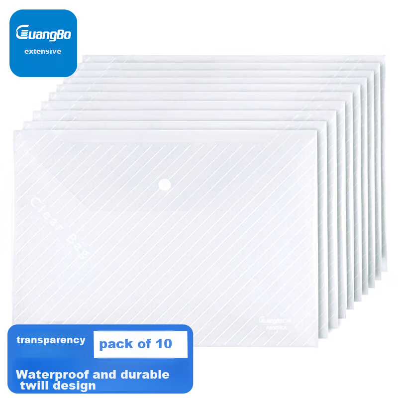 GuangBo 10-Pack A4 Button Closure Transparent Waterproof File Folders for Student Exam Papers, Subject Classification, Office Supplies, Striped Style A6320KA