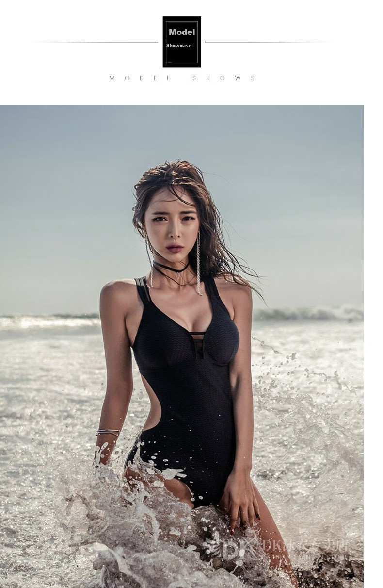 DK Swimsuit for Women, Sexy Small Chest One-Piece Bikini, Conservative Tummy-Covering Slimming Korean Hot Spring Swimwear, Black, L 3