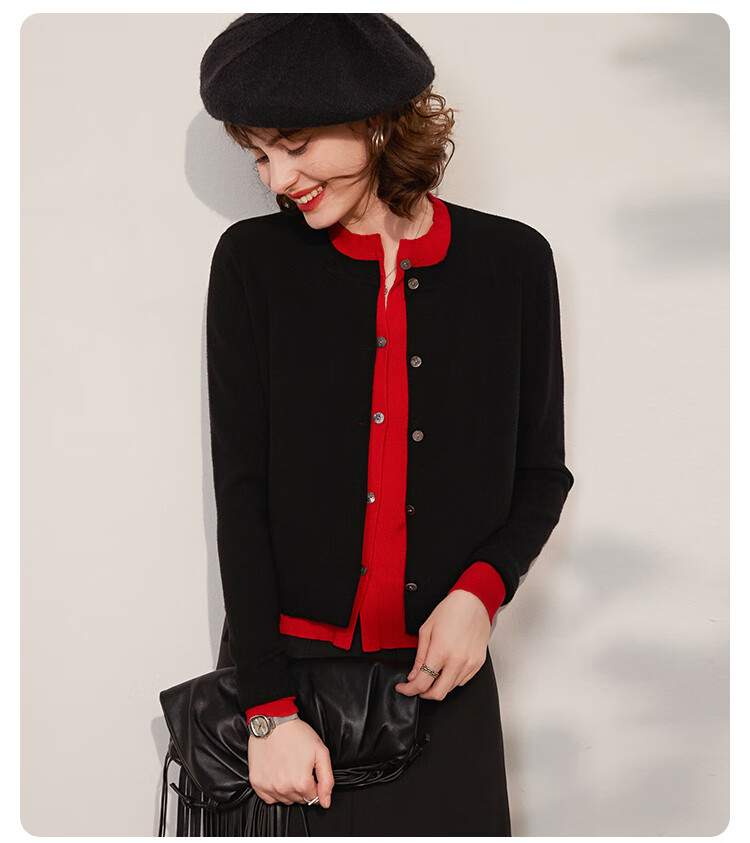 LOUISYAO Spring Autumn Two-Piece Colorblock Knit Round Neck Single-Breasted Long Sleeve Cardigan Women Navy Blue with Blue Patchwork 1 XL 3