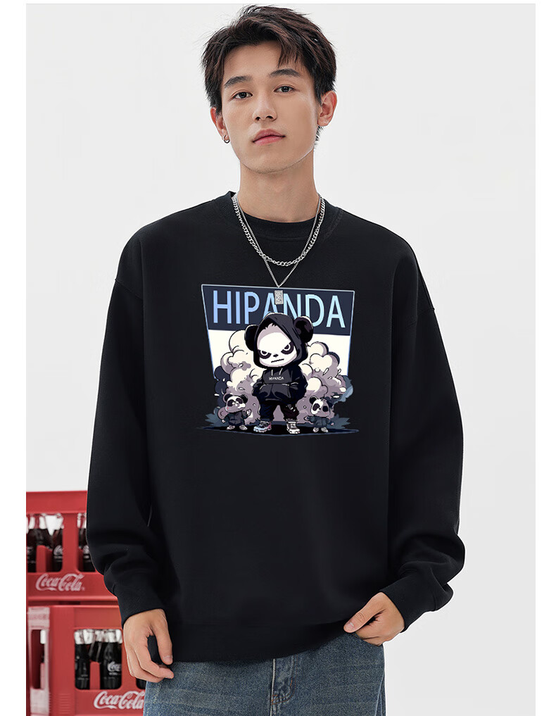 HIPANDA Hello Panda Sweatshirt for Men, Spring/summer 2026 Couple Style, Round Neck Trendy Brand Printed Loose Fashion Jacket, Black, Size M 4