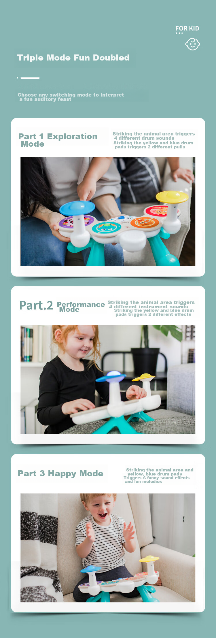 Hape Kindergarten Teaching Tool, Beginner's Jazz Drum Set with Smart Mixing Touch Control Drums, Gift for Boys And Girls, 800-900 2