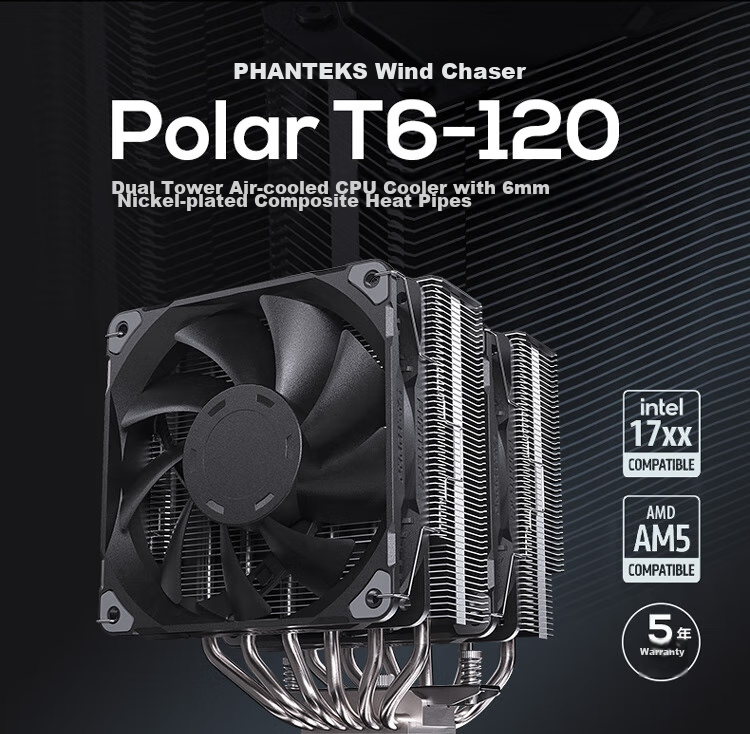 PHANTEKS Polar T6 White Anti-Gravity Dual Tower Air Cooler CPU Heatsink (PWM Dual ARGB Fans, Includes High-Nano Thermal Paste, Heat Spreader, And Noise Reduction Device) 5