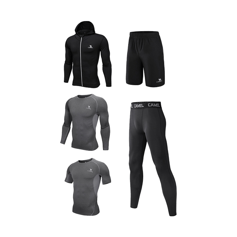 CAMEL Men's Sports Set, Five-Piece Fitness Outfit, New Long-Sleeve And Long Pants, Quick-Dry Running Basketball Training Sportswear
