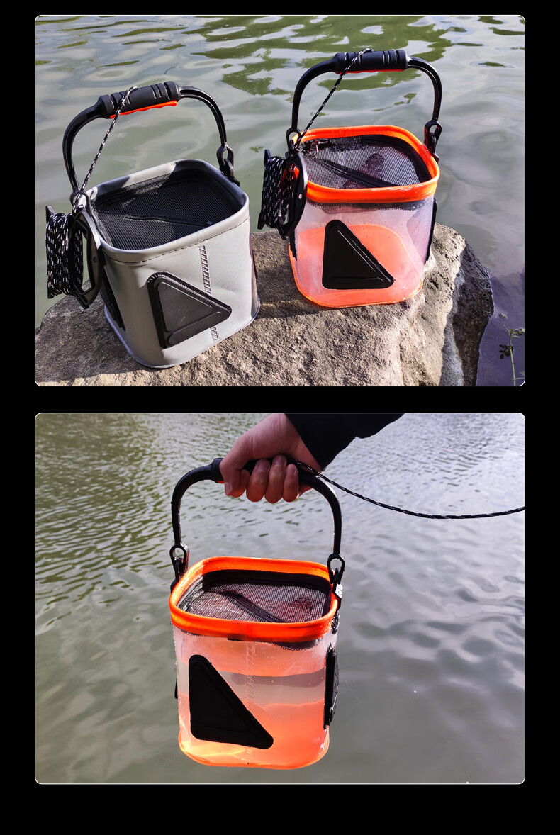 Xionghuo Fishing Bucket, 20CM Thickened Portable Foldable EVA Bucket with Rope, Net Cover, Live Fish Bucket, Square Water Bucket 10