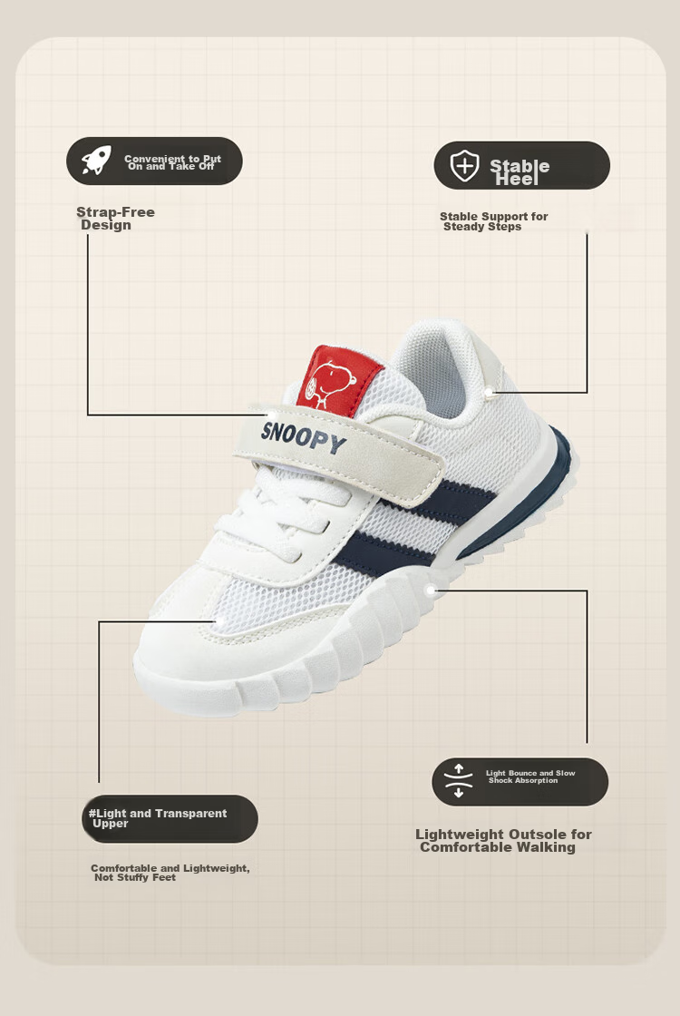 SNOOPY Children's Sports Shoes, Boys' Mesh Running Shoes, Girls' Wear-Resistant Casual Shoes, 7864 Navy Blue, Size 33 7