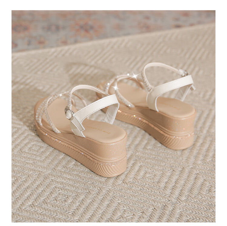 ZHR Women's Shoes, Summer Wedge Versatile Sandals, Fashionable Rhinestone Platform Slimming Beach Shoes for Women, AY161, Apricot Color, Size 35 37