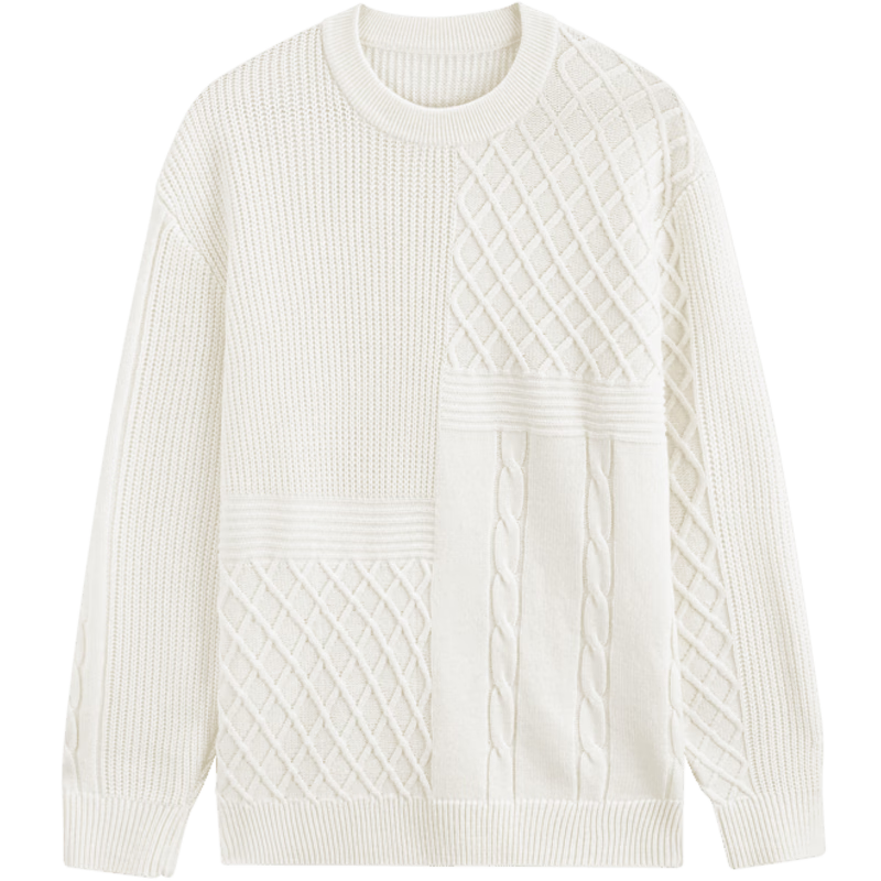 GXG Men's Clothing, Urban Definition Black And White Solid Color Knit Patchwork Texture, Anti-Pilling Sweater, White, 185/XXL