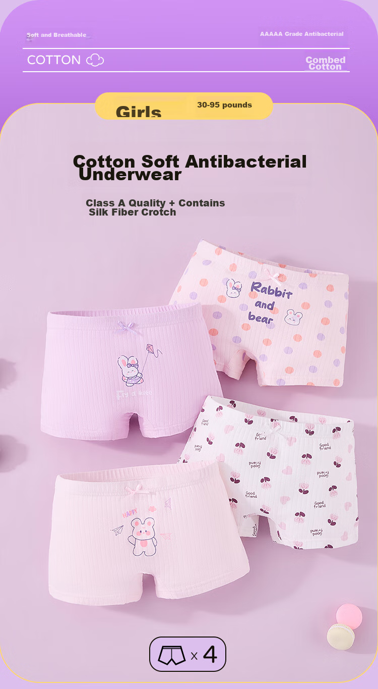 LangSha Children's Underwear, Girls' Underwear, 5A Antibacterial, Pure Cotton Boyshorts for Young Girls, 4-Pack, Kite And Little Rabbit Design, Size 140 2
