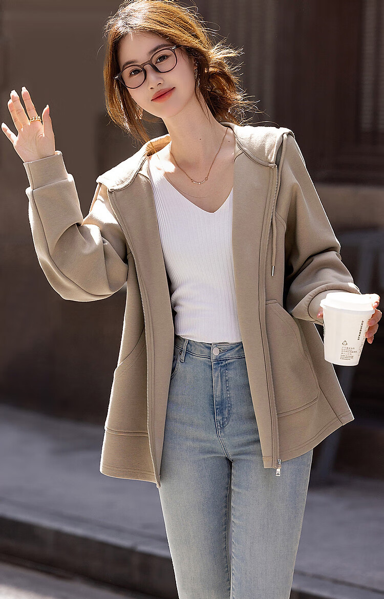 Dme [Stroll Outfit] Spring And Autumn Sporty Style 350G Air Layer Hooded Sweatshirt Jacket for Petite Women to Conceal Body Shape 14