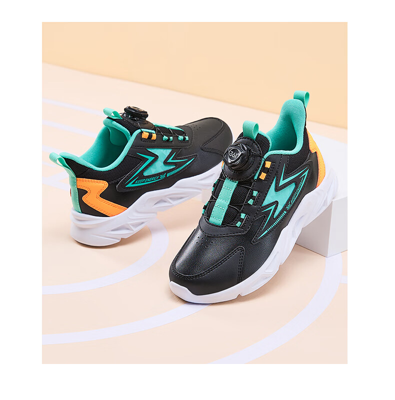 361° Children's Running Shoes, Fall/Winter, for Boys And Girls Aged 3-14, Shock-Absorbing, Rotary Buckle, Leather Upper, Sports Shoes, Blue, Size 38 14